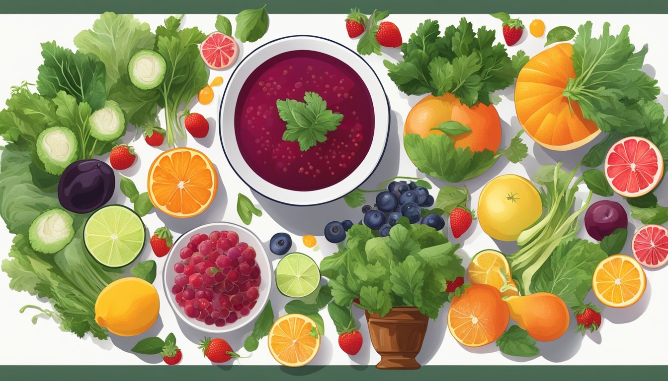 A table with a bowl of borscht surrounded by a variety of fruits and vegetables, including leafy greens, berries, and citrus fruits