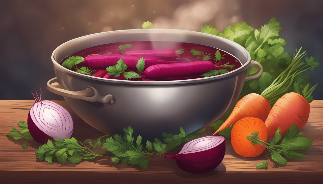 A bowl of steaming borscht surrounded by fresh beets, carrots, and herbs on a rustic wooden table