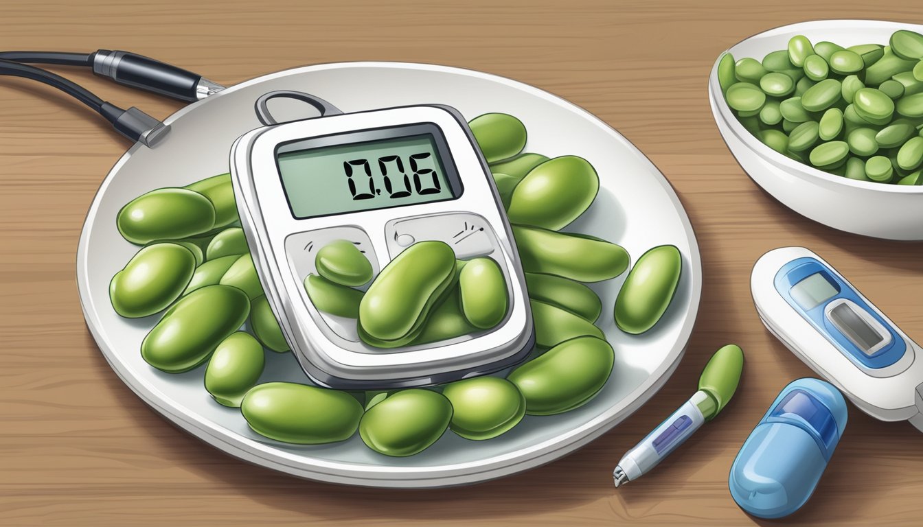 A plate of broad beans next to a glucose monitor and insulin pen