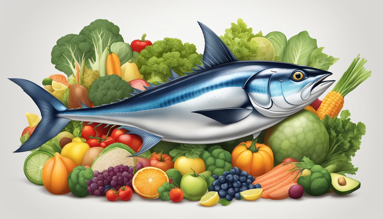 A bluefin tuna surrounded by a variety of nutrient-rich foods, including vegetables and fruits, with a diabetes-friendly label