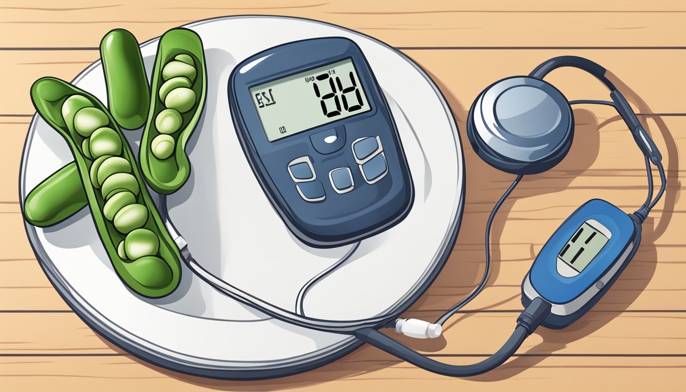 A plate of broad beans next to a blood glucose monitor and a diabetes medication, with a doctor's prescription in the background