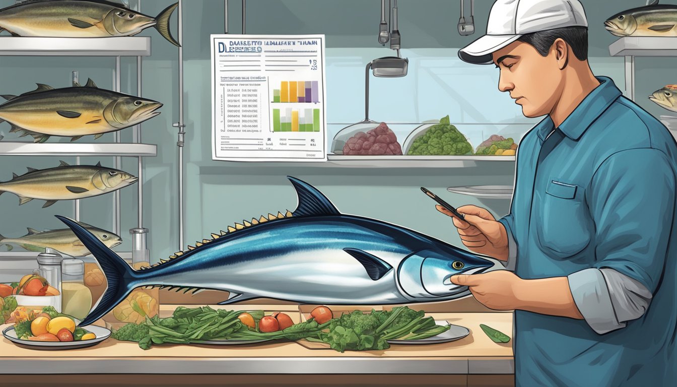 A diabetic person cautiously examining a bluefin tuna while reading a nutrition label and mercury content information