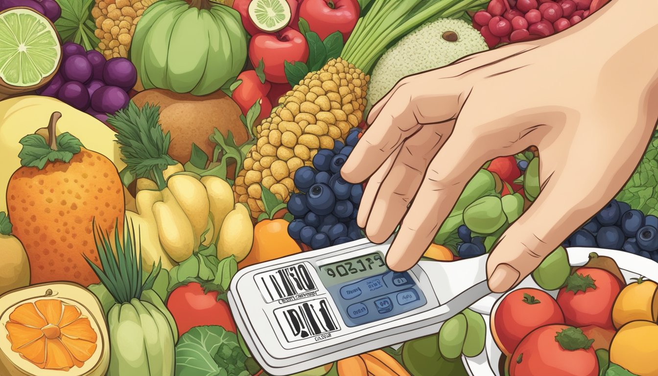 A diabetic person holding a Buddha's Hand fruit, surrounded by various fruits and vegetables, with a nutrition label in the background