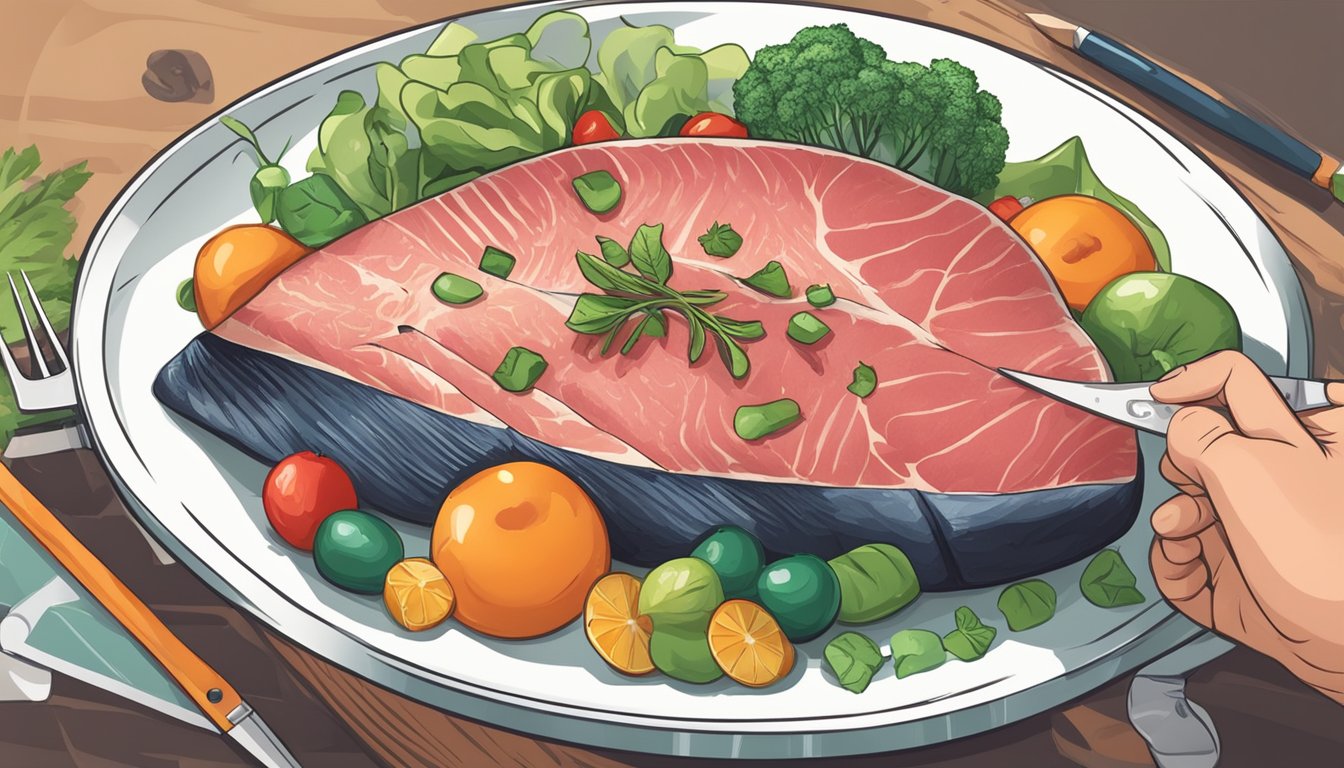 A diabetic person holding a plate with a bluefin tuna steak, surrounded by fresh vegetables and a measuring tape