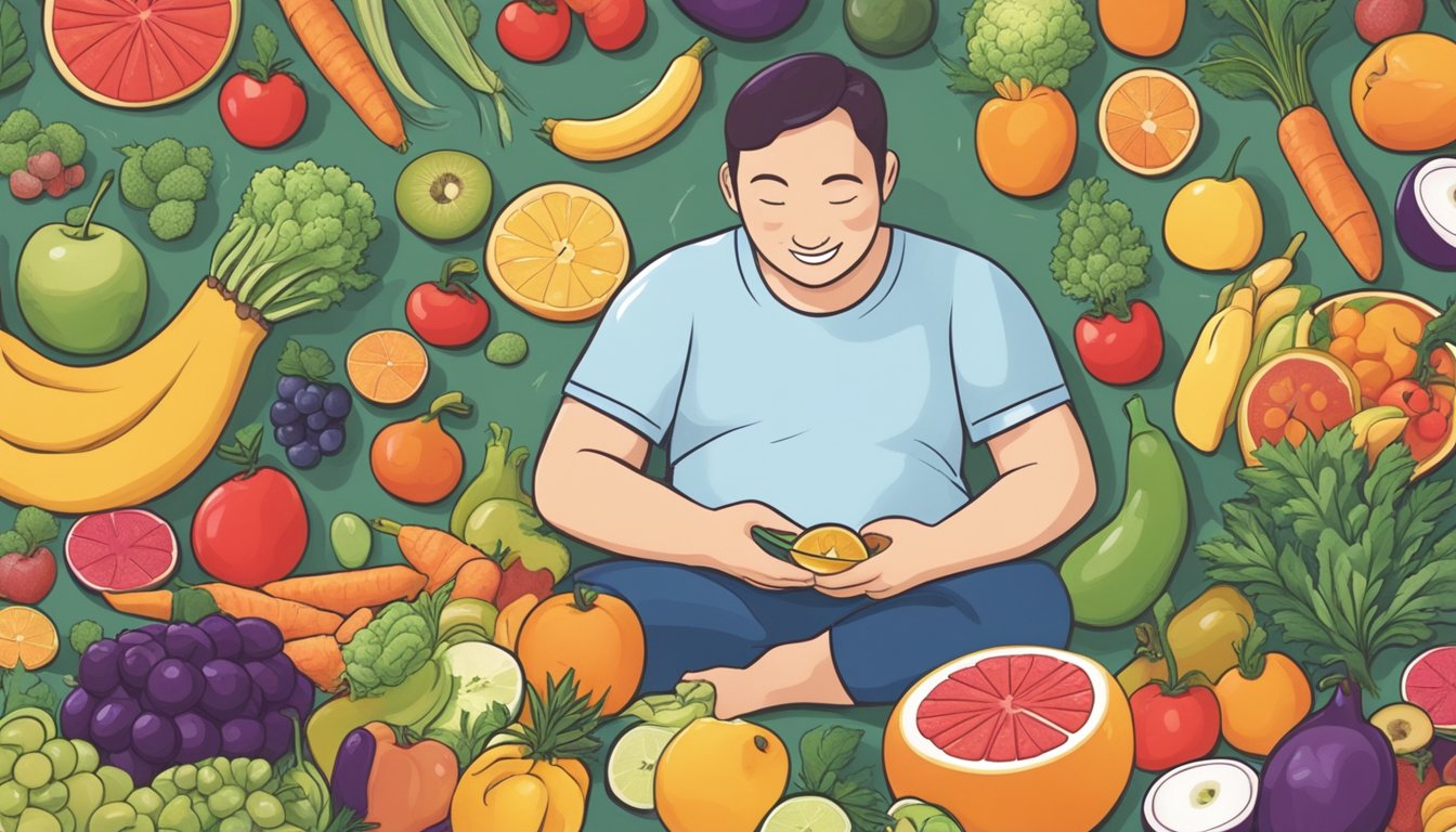 A diabetic person happily eating a slice of buddha's hand fruit surrounded by various fruits and vegetables