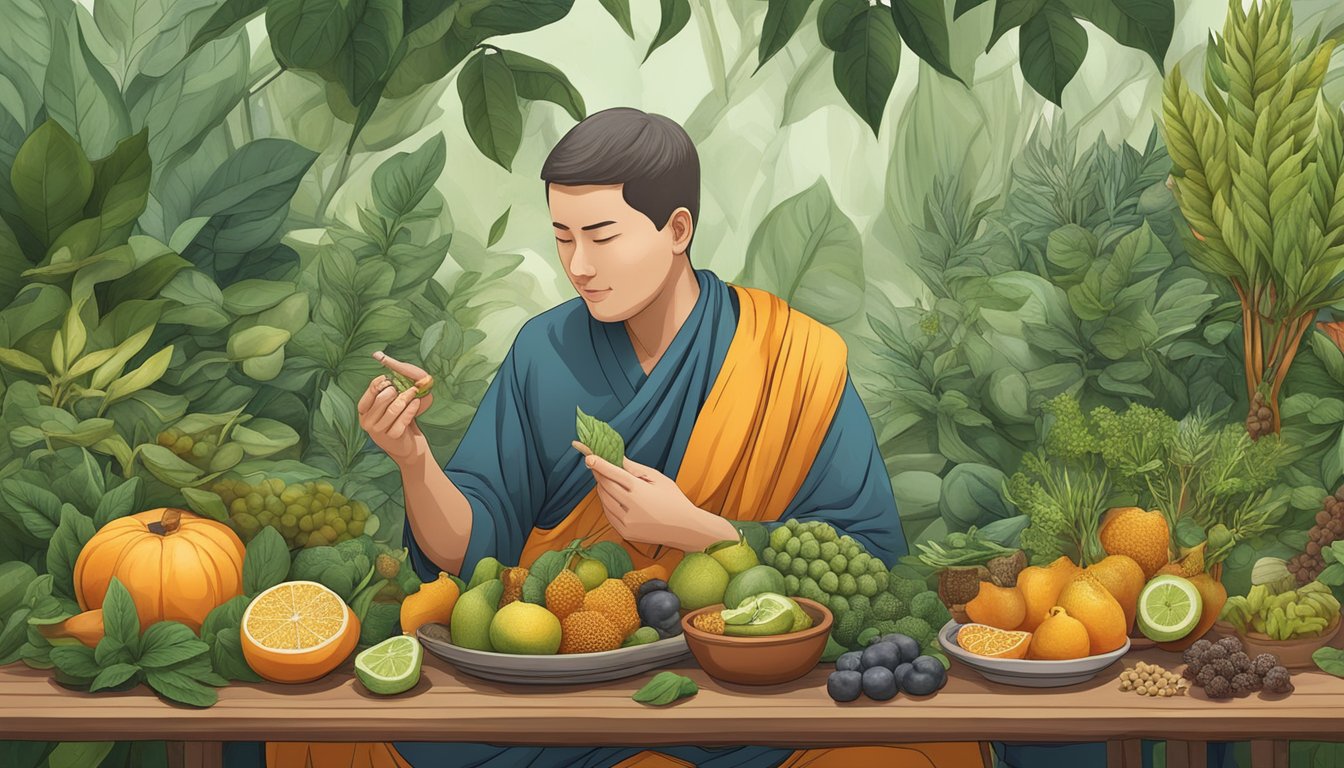 A diabetic person eating a slice of Buddha's hand fruit, surrounded by a variety of traditional and medicinal herbs and plants