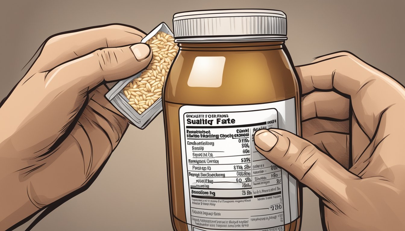 A diabetic person holding a jar of brown rice syrup while reading a nutrition label on a package of brown rice