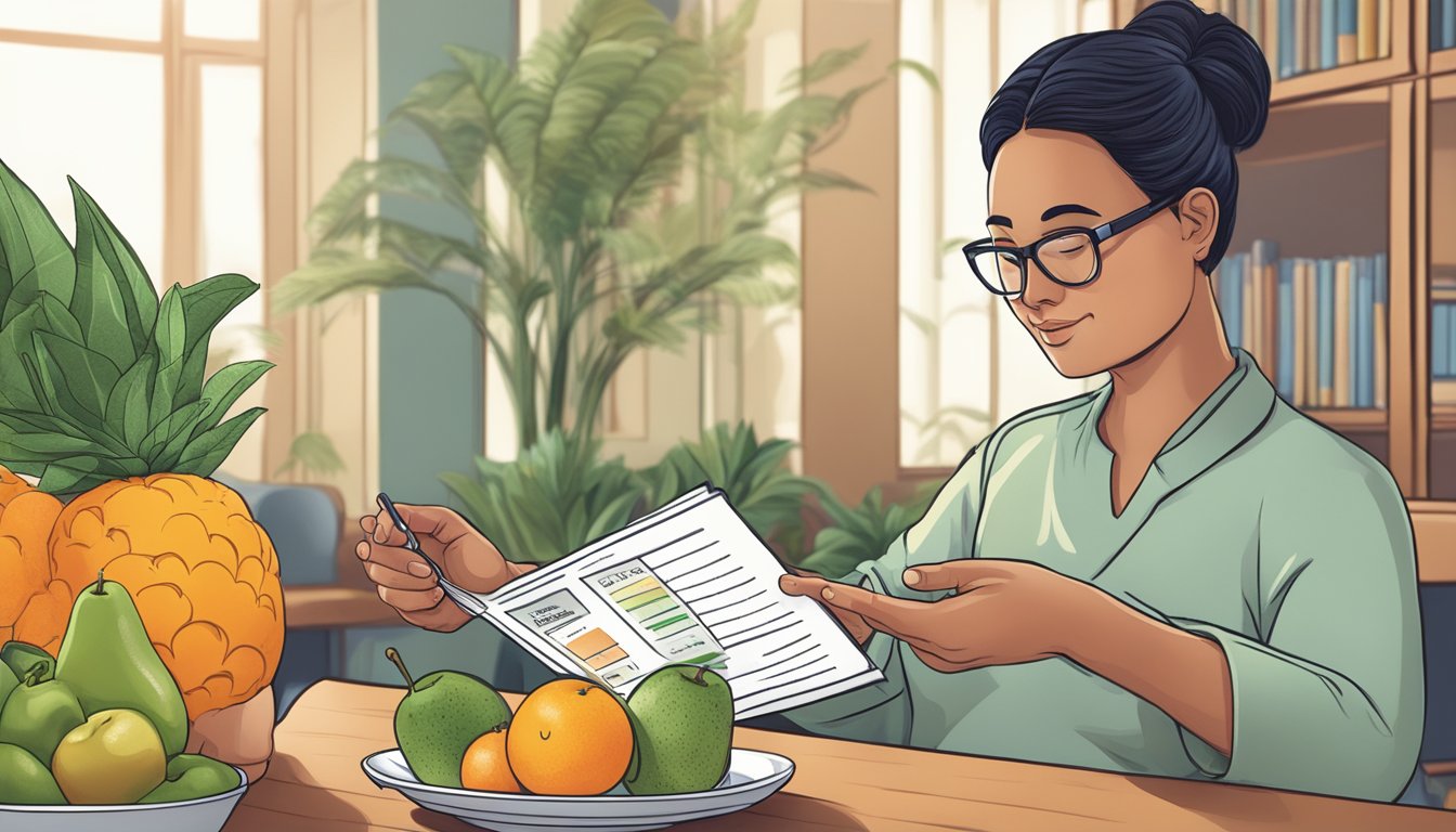 A diabetic person holding a buddha's hand fruit while reading a nutrition label