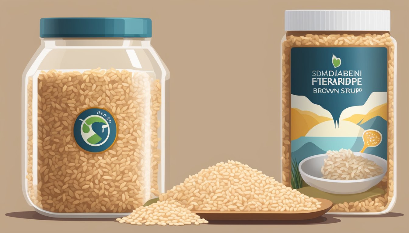 A jar of brown rice syrup next to a bowl of brown rice, with a diabetic-friendly symbol in the background