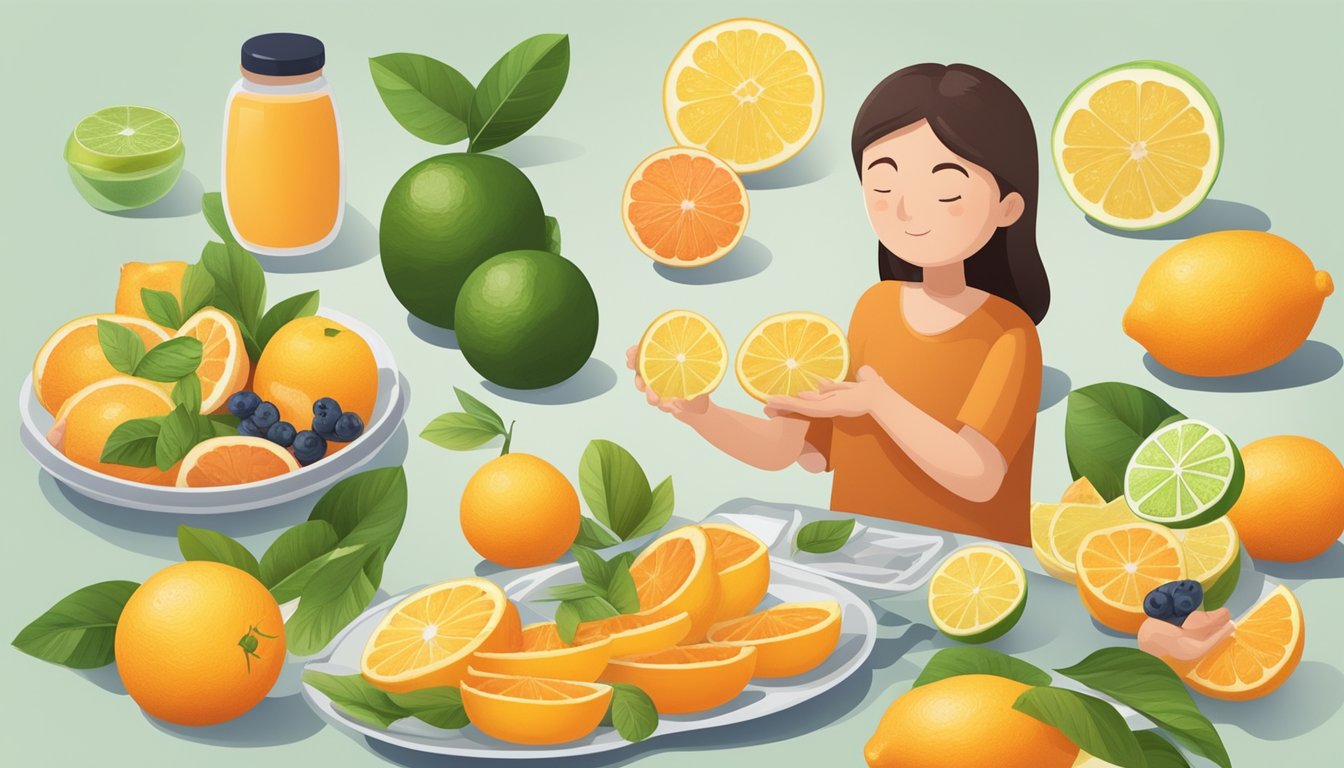 A diabetic person slices and eats a Buddha's Hand fruit, surrounded by fresh citrus slices and a plate of healthy snacks