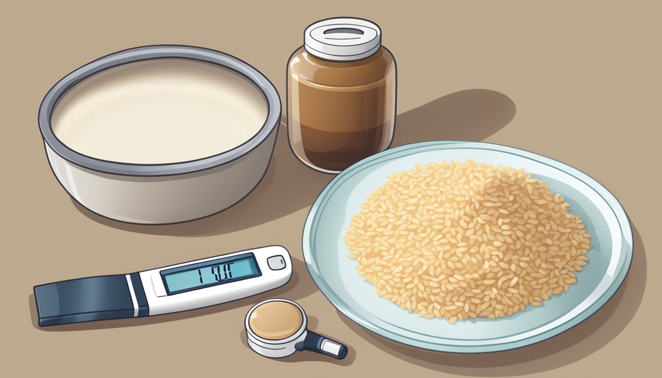 A jar of brown rice syrup next to a plate of whole grain rice and a blood glucose meter