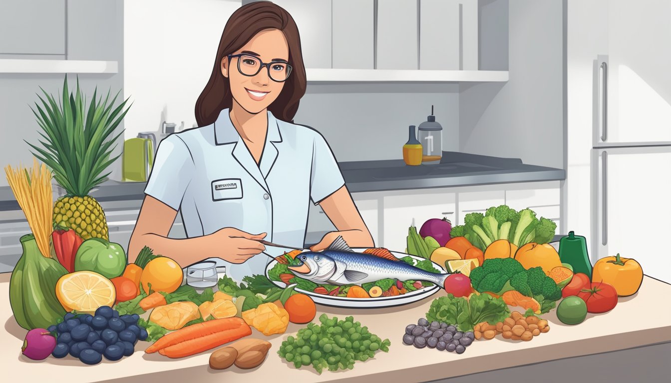 A dietician holding a plate of bonito fish, surrounded by various healthy food items and a diabetes education booklet