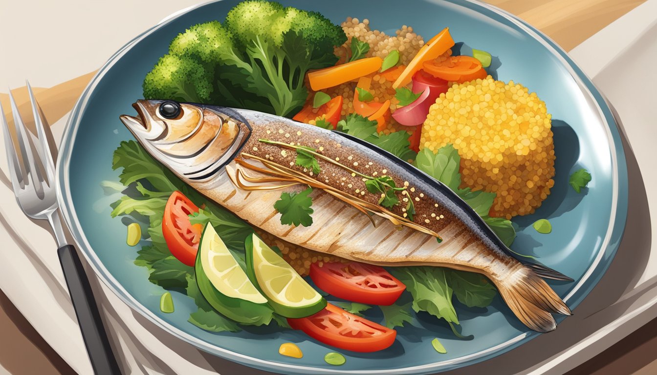 A colorful plate with grilled bonito, steamed vegetables, and a side of quinoa, all arranged in an appealing and balanced manner