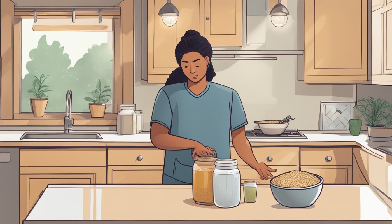 A diabetic person standing in a kitchen, holding a jar of brown rice syrup and looking at it with a confused expression. A bowl of brown rice sits on the counter