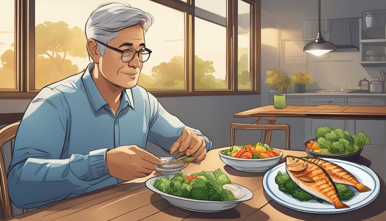 A diabetic person sitting at a dining table, enjoying a plate of grilled bonito fish with a side of steamed vegetables and a glass of water