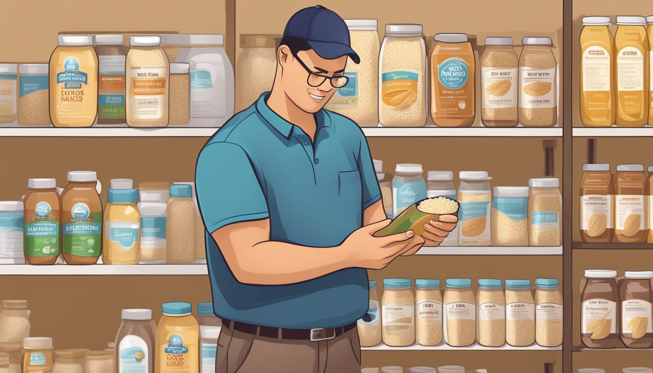 A diabetic holding a jar of brown rice syrup while reading a nutrition label on a package of brown rice