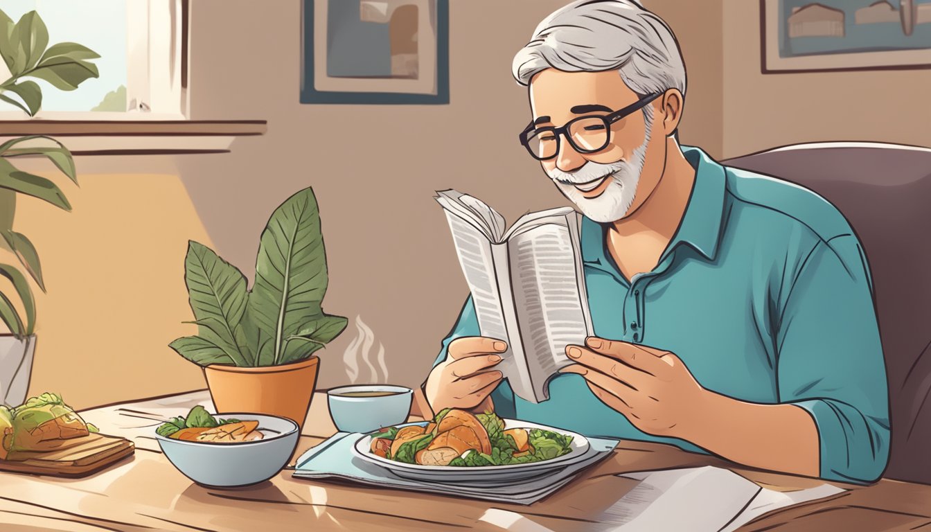 A diabetic person happily eating bonito while reading a book on diabetes management