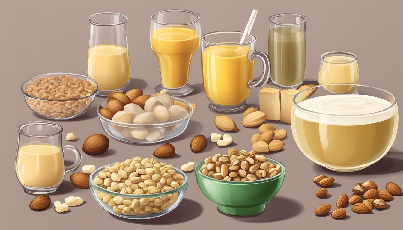 A table with a glass of boza, a bowl of nuts, and a diabetes-friendly meal