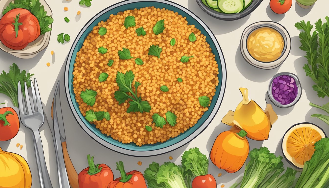 A bowl of cooked bulgur surrounded by a variety of colorful, diabetes-friendly vegetables and a fork on the side