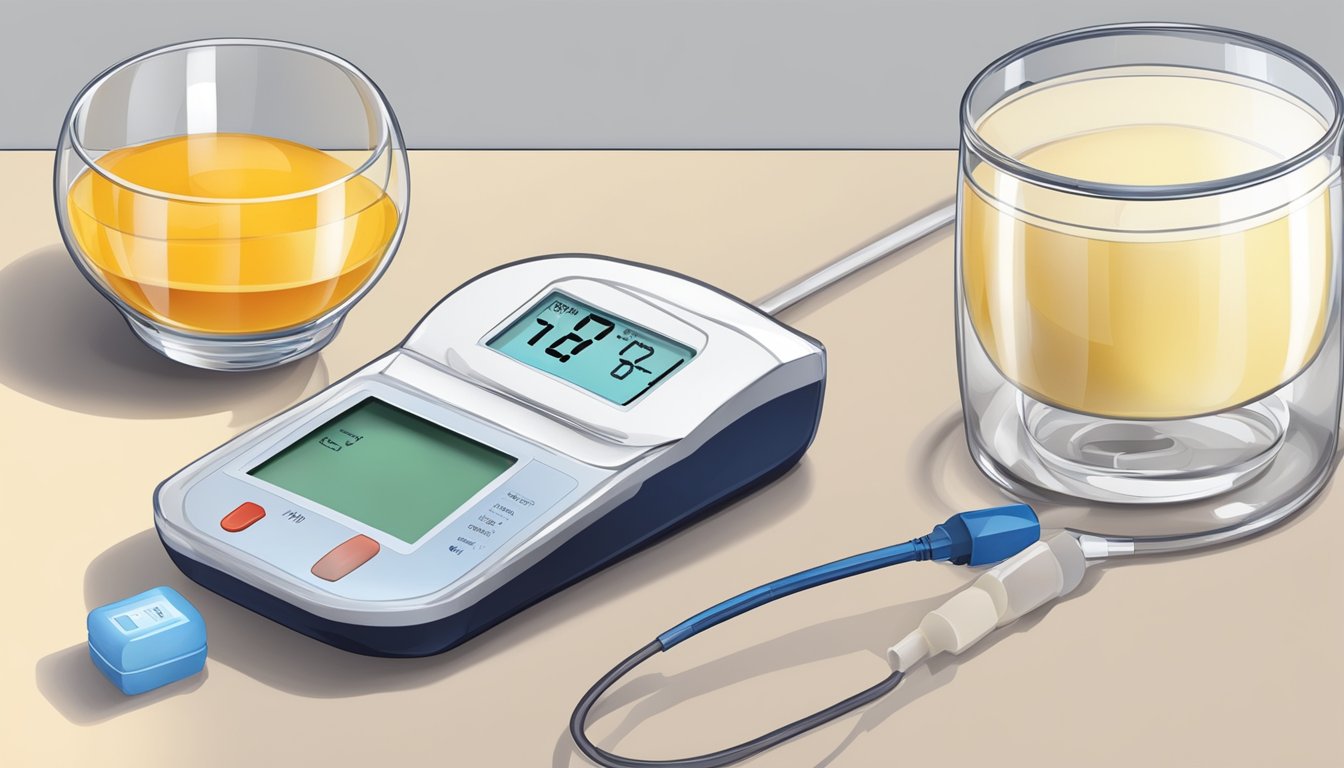 A glass of boza next to a blood sugar monitoring device