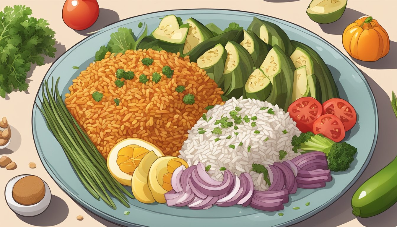 A colorful plate of cooked calasparra rice surrounded by various diabetic-friendly ingredients such as vegetables, lean protein, and healthy fats