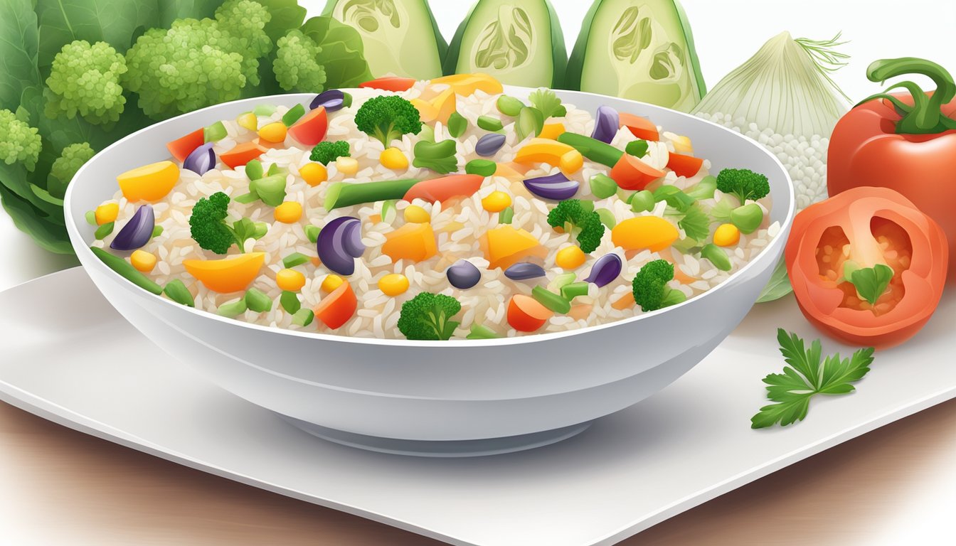 A bowl of Calasparra rice surrounded by colorful, fresh vegetables and lean protein, set on a clean, white plate