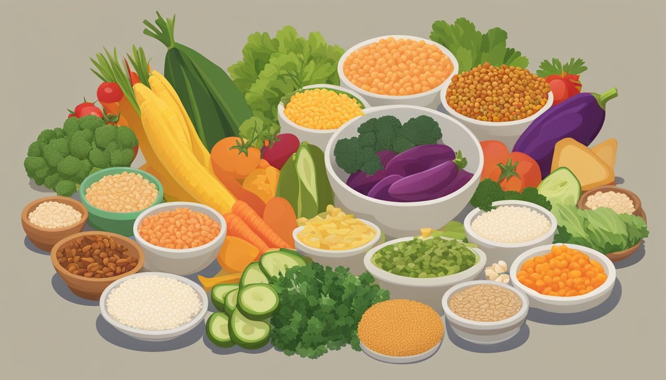 A colorful array of diabetes-friendly foods surrounds a bowl of calasparra rice, including vegetables, lean proteins, and healthy fats