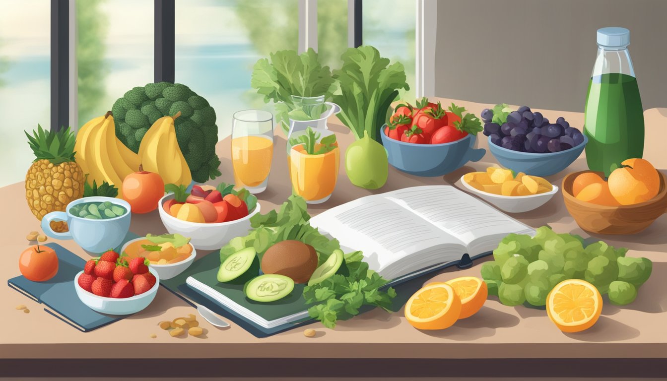 A table with a variety of healthy foods and drinks, including fruits, vegetables, lean proteins, and water. An open book with the title "Best Practices for Managing Diabetes through Diet" sits next to the table