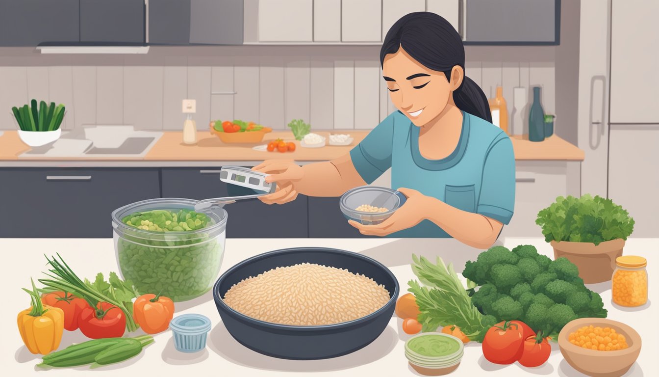 A diabetic person carefully measuring and portioning calasparra rice into a meal planning container, surrounded by fresh vegetables and lean protein options