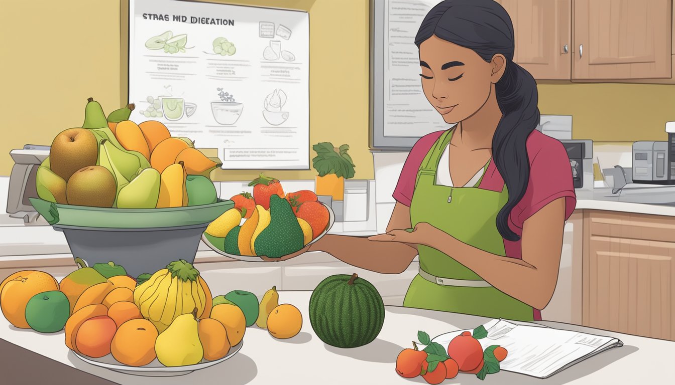 A dietician arranging a variety of fruits, including canistel, on a table with a diabetes education poster in the background