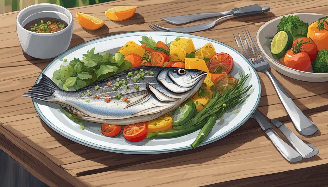 A plate of grilled butterfish surrounded by colorful vegetables and herbs, with a fork and knife beside it