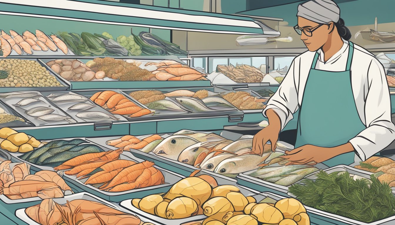 A person selecting butterfish and other diabetes-friendly options from a display of fresh seafood at a market