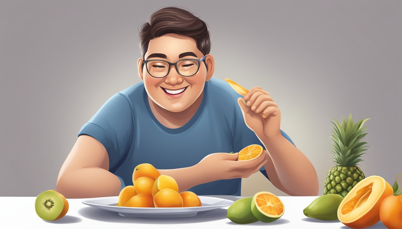 A person with diabetes enjoying a plate of sliced canistel fruit with a satisfied expression