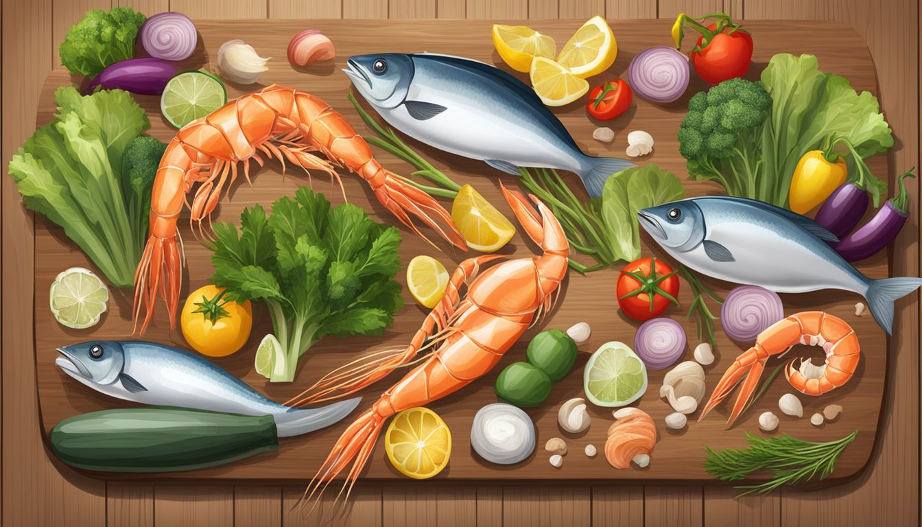 A colorful array of fresh seafood and a variety of vegetables displayed on a wooden cutting board