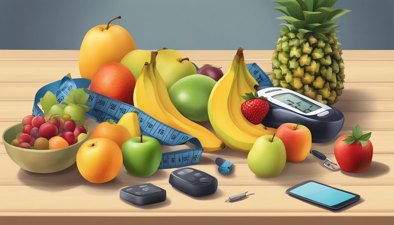 A variety of fruits arranged on a table, including canistel, with a measuring tape and a blood glucose monitor nearby