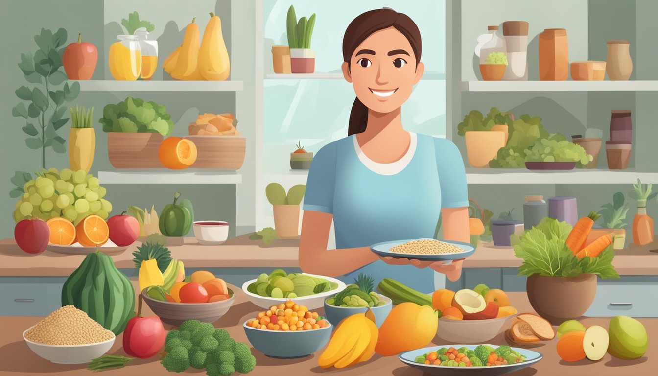 A diabetic person holding a plate of canistel fruit, surrounded by a variety of healthy food options like vegetables, whole grains, and lean proteins