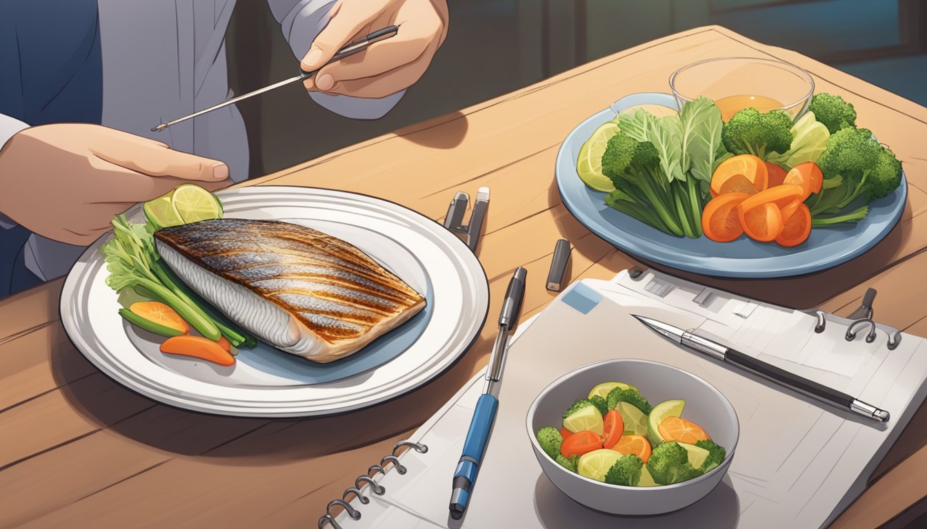 A person with diabetes enjoying a plate of grilled butterfish with a side of steamed vegetables, a blood glucose monitor and insulin pen nearby