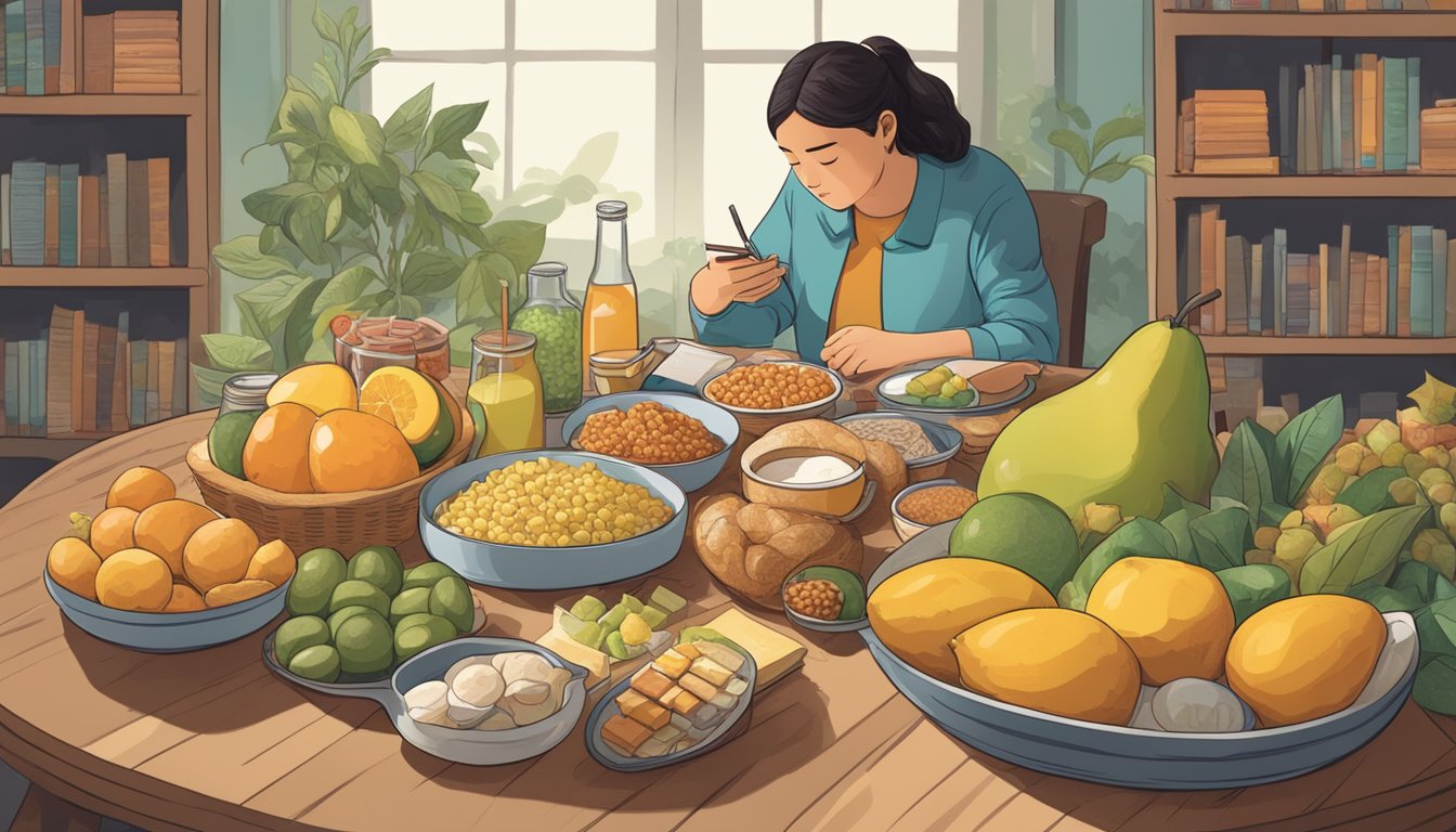 A person with diabetes sitting at a table, surrounded by various food items including burong mangga, while reading a book about diabetes and diet