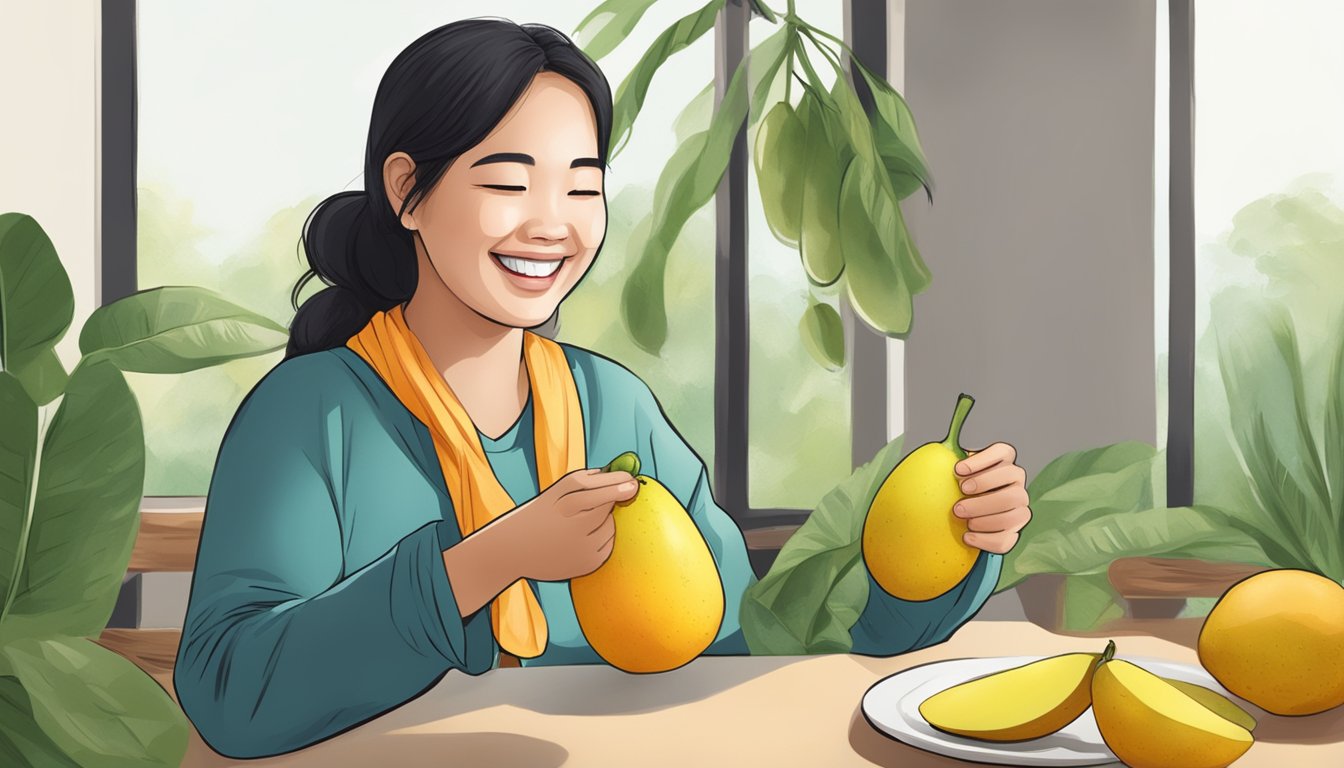 A diabetic person happily eating burong mangga with a smile on their face