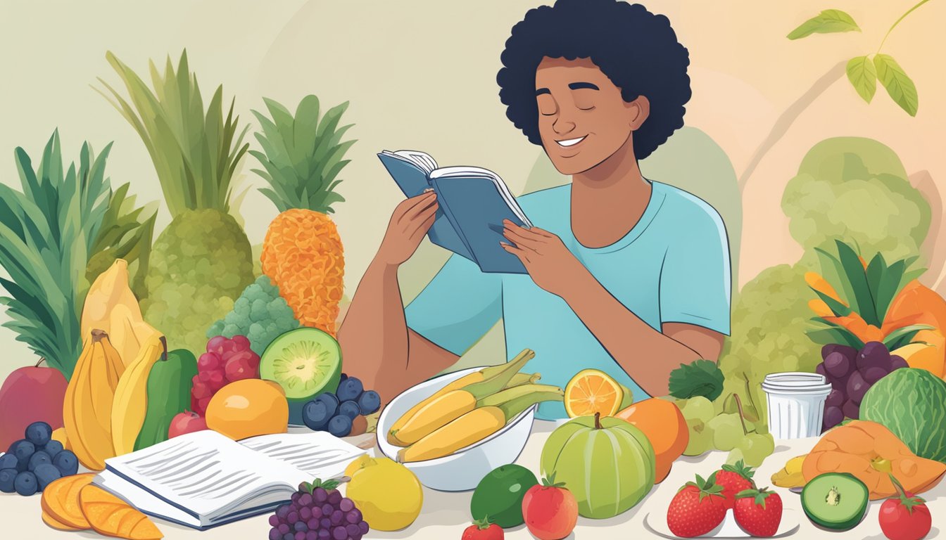 A person with diabetes enjoying a variety of healthy foods, including fruits like canistel, while reading a book titled "Beyond Diet: Lifestyle Considerations for Diabetics."