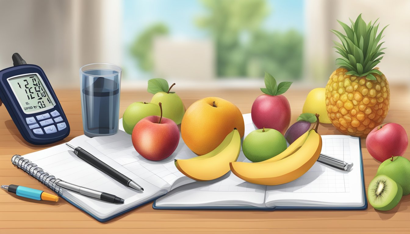 A table with various fruits, a glucometer, and a notebook for a diabetic meal plan assessment