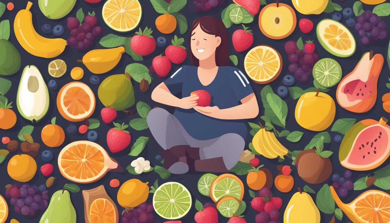 A diabetic person enjoying a canistel fruit while surrounded by a variety of other diabetes-friendly foods