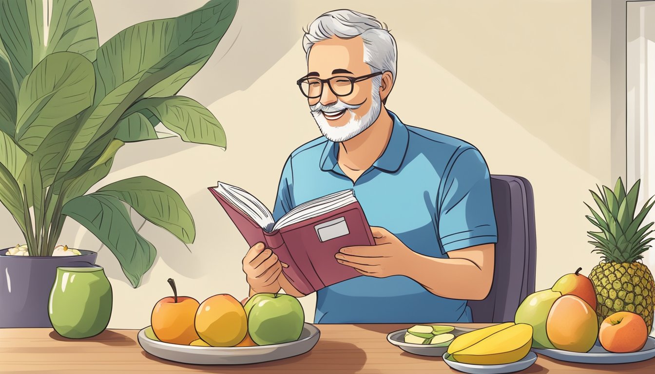 A diabetic person happily eating a bowl of mixed fruits, including sliced mango, while reading a book on best practices for including fruit in their diet