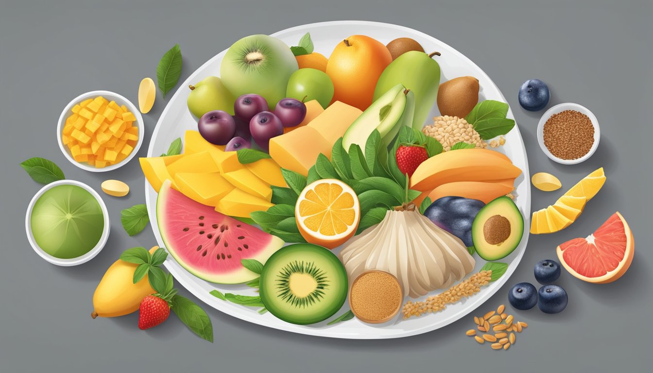 A colorful plate with a variety of balanced diet components including fruits, vegetables, whole grains, lean protein, and healthy fats, with a small portion of burong mangga