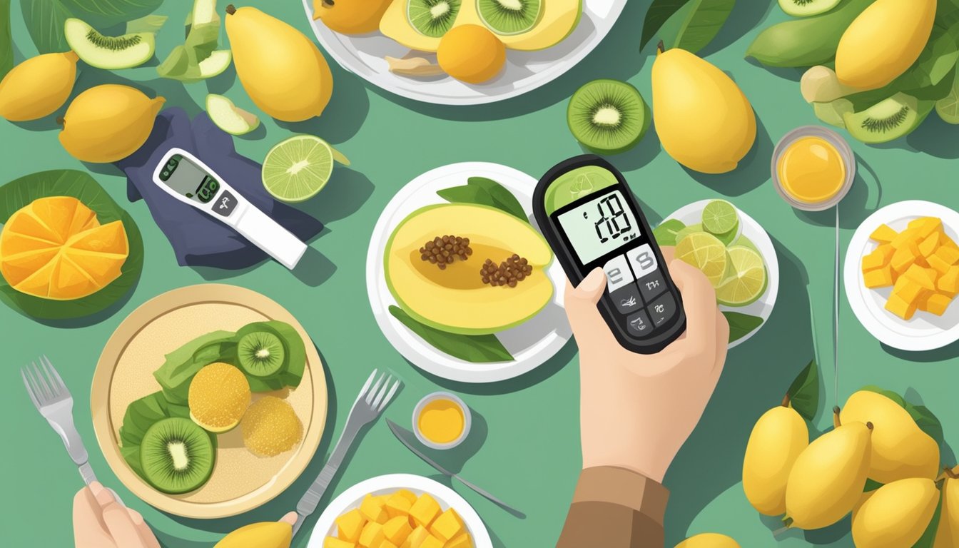 A diabetic person enjoying a plate of burong mangga while surrounded by healthy food options and a glucometer on the table