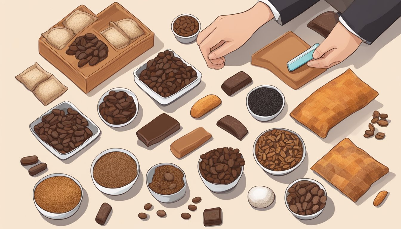 A diabetic person holding a carob pod, surrounded by various carob-based foods, such as carob chips, powder, and bars