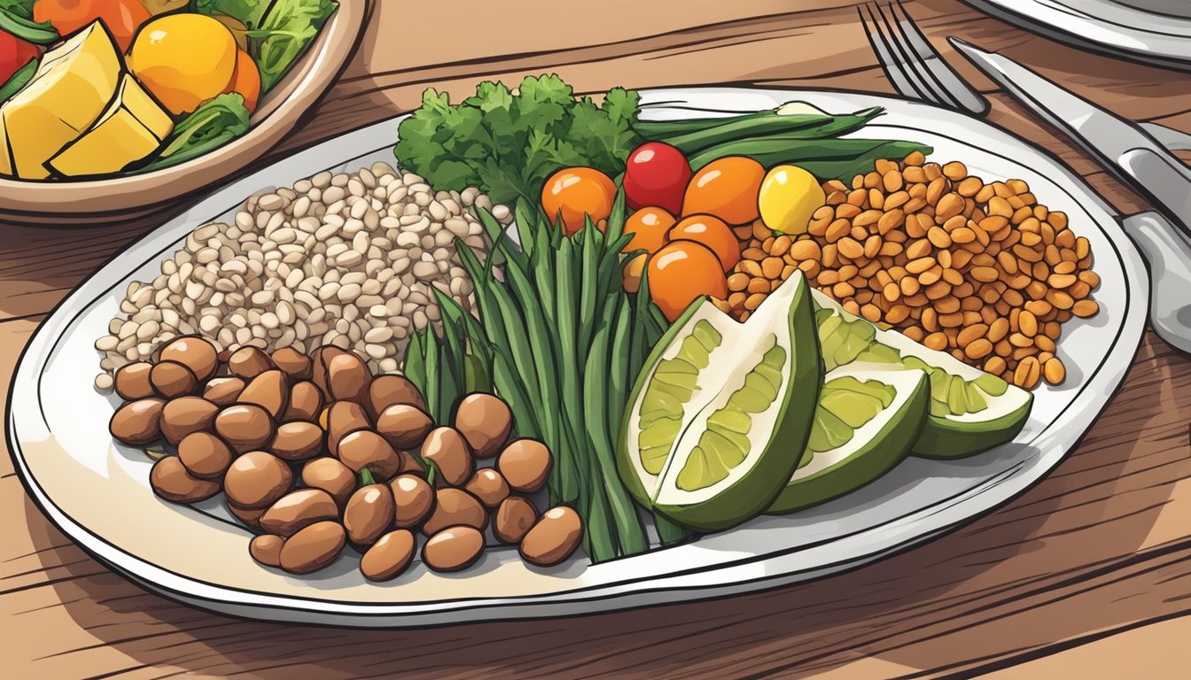 A colorful plate with a variety of foods, including calypso beans, vegetables, and lean protein, arranged in a balanced diabetic-friendly meal