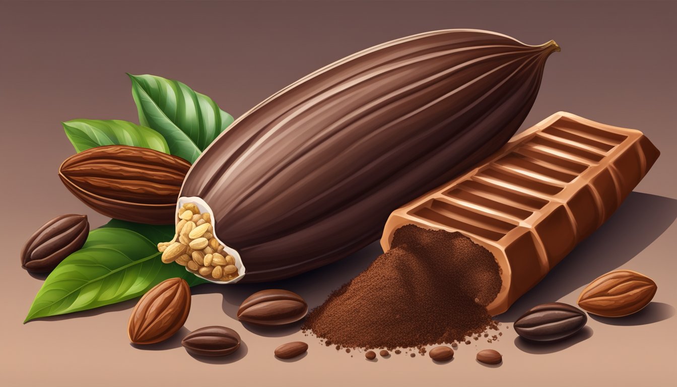 A cacao pod and a bar of chocolate, surrounded by various types of cacao beans and cocoa powder