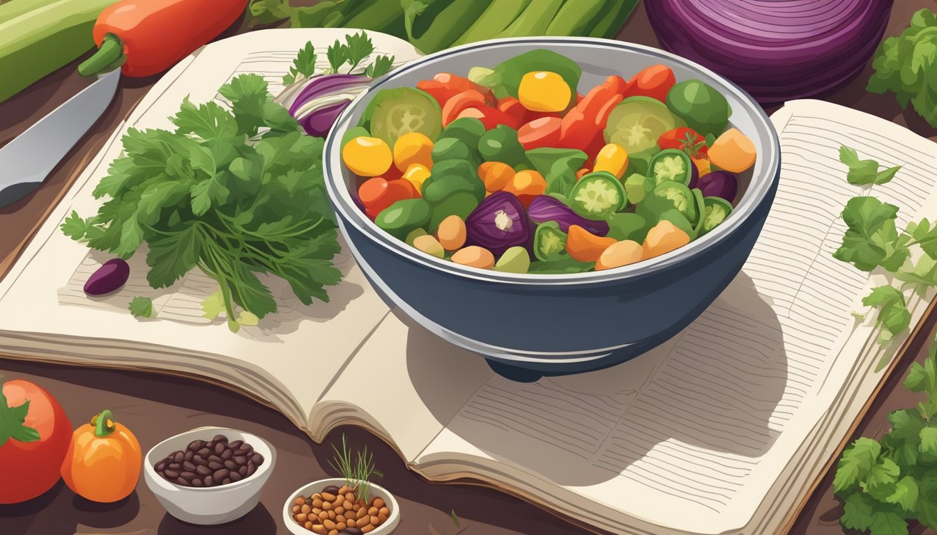 A colorful bowl of calypso beans surrounded by a variety of fresh vegetables and herbs, with a diabetic-friendly recipe book open to a page about incorporating beans into the diet