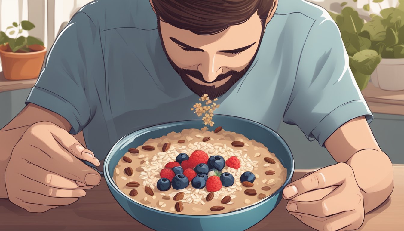 A diabetic person enjoying a bowl of cacao-infused oatmeal with fresh berries and nuts for breakfast